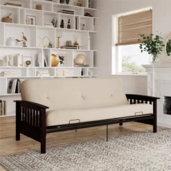 Full Size Holly Espresso Wood Arm Futon Frame With 6" Microfiber Mattress Tan - Room & Joy -Lush Living Store GUEST 052c5afa 11bf 4a1e 87ea 0e599926f56a