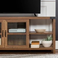 Sophie Rustic Farmhouse X Frame Glass Doors TV Stand For TVs Up To 80" Rustic Oak - Saracina Home -Lush Living Store GUEST 08461d43 c3a2 4df9 90e5 c2fd20627359