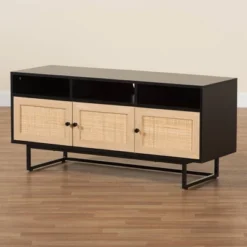 Declan Wood And Natural Rattan 3 Door TV Stand Espresso Brown/Black - Baxton Studio -Lush Living Store GUEST 096d4c73 3ab7 413b 9601 5b16dd7ebe1a
