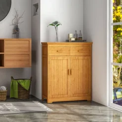 HOMCOM Bathroom Storage Cabinet, Bamboo Floor Cabinet Organizer With Doors And Adjustable Shelves, Natural -Lush Living Store GUEST 0b246ebe 71d6 4608 9028 ee1cc7e0e1a3