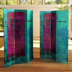 71" Double Sided Canvas Room Divider Turquoise/Magenta - Oriental Furniture