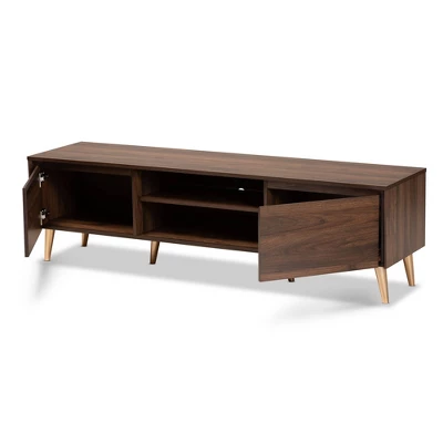 Landen Mid-Century Modern Wood TV Stand For TVs Up To 65" Walnut/Gold/Brown - Baxton Studio 3 Landen Mid-Century Modern Wood TV Stand For TVs Up To 65" Walnut/Gold/Brown - Baxton Studio