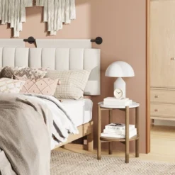 Tucker Solid Wood And Faux Marble Round Side Table Brushed Light Brown/Matte White Marble - Nathan James