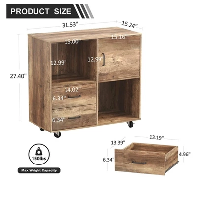 Year Color Wood Mobile Lateral Filing Cabinet With 2 Drawers, 2 Open Compartments, And Wheels For Home Office, Study, Living Room, And Bedroom 5 Year Color Wood Mobile Lateral Filing Cabinet With 2 Drawers, 2 Open Compartments, And Wheels For Home Office, Study, Living Room, And Bedroom - Image 3