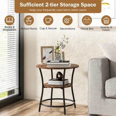 Tangkula 2-Tier Side Table Compact Round Metal Frame Coffee Table W/ Open Shelf Brown 8 Tangkula 2-Tier Side Table Compact Round Metal Frame Coffee Table W/ Open Shelf Brown - Image 6