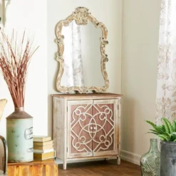 Natural Wood Cabinet With Trellis Doors Light Brown - Olivia & May