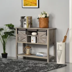 HOMCOM Farmhouse Style Console Table With Sliding Barn Doors And 4 Open Storage Compartments And Elevated Base, Gray -Lush Living Store GUEST 203c699a 09b0 4c30 9d11 eae76371b6c8
