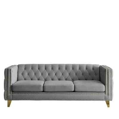 Living Room Modern Velvet Sofa With Button Tufted Square Arms And Metal Legs - ModernLuxe 7 Living Room Modern Velvet Sofa With Button Tufted Square Arms And Metal Legs - ModernLuxe - Image 5