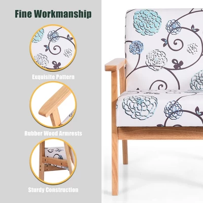 Costway Modern Accent Armchair Fabric Lounge Chair W/Rubber Wood Leg White&Blue Floral 8 Costway Modern Accent Armchair Fabric Lounge Chair W/Rubber Wood Leg White&Blue Floral - Image 6