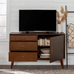 Mid-Century Modern With Closed Storage TV Stand For TVs Up To 58" Walnut - Saracina Home -Lush Living Store GUEST 272c04f3 ea07 453c 9824 8666892ac8d7