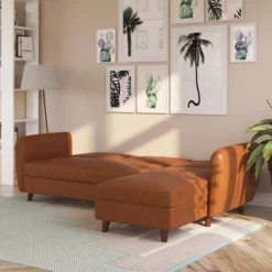 Perry Sectional Futon With Storage Convertible Sleeper Camel Faux Leather - Novogratz -Lush Living Store GUEST 2b4316bc 6179 45a3 807e 4faf13130b3d