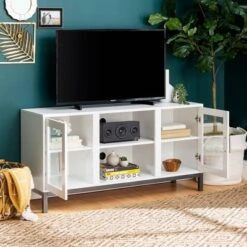 Pierceton Modern Double Glass Door With Metal Legs TV Stand For TVs Up To 58" White - Saracina Home -Lush Living Store GUEST 2c1fd597 52e5 48a8 9e83 a72aa568db78