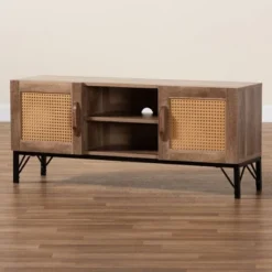 Veanna Bohemian Natural Wood And Metal 2 Door Synthetic Rattan TV Stand For TVs Up To 40" Brown/Black - Baxton Studio -Lush Living Store GUEST 2c3170d0 5ea6 46ac baa5 a54ed0060d52