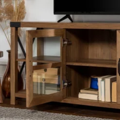 Sophie Rustic Farmhouse X Frame Glass Doors TV Stand For TVs Up To 80" Rustic Oak - Saracina Home -Lush Living Store GUEST 2d1619d6 6228 4a03 b8af 73592536e713