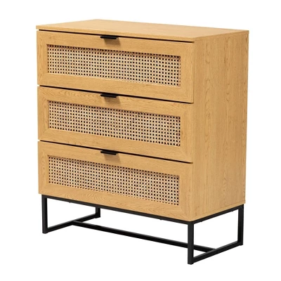 Sawyer Wood And Metal 3 Drawer Storage Cabinet With Natural Rattan Oak Brown/Black - Baxton Studio 3 Sawyer Wood And Metal 3 Drawer Storage Cabinet With Natural Rattan Oak Brown/Black - Baxton Studio