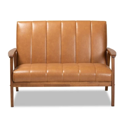 Nikko Mid-Century Faux Leather Upholstered Wood Loveseat Walnut/Brown - Baxton Studio 3 Nikko Mid-Century Faux Leather Upholstered Wood Loveseat Walnut/Brown - Baxton Studio