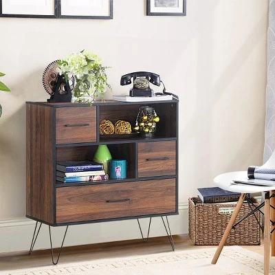 Costway Sideboard Storage Cabinet Multipurpose Display Unit W/Metal Leg & Drawers Walnut 7 Costway Sideboard Storage Cabinet Multipurpose Display Unit W/Metal Leg & Drawers Walnut - Image 5
