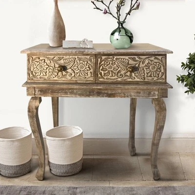 2 Drawer Mango Wood Console Table With Floral Carved Front Brown/White - The Urban Port 6 2 Drawer Mango Wood Console Table With Floral Carved Front Brown/White - The Urban Port - Image 4