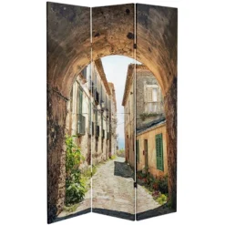 6" Double Sided European Village Canvas Room Divider Green - Oriental Furniture