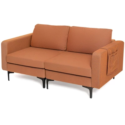 Costway Modern Loveseat Linen Fabric 2-Seat Sofa Couch W/ Side Storage Pocket GreenOrange 11 Costway Modern Loveseat Linen Fabric 2-Seat Sofa Couch W/ Side Storage Pocket GreenOrange - Image 9
