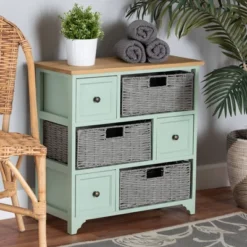 Valtina Two-Tone Wood 3 Drawer Storage Unit With Baskets Oak Brown/Gray/Mint Green - Baxton Studio -Lush Living Store GUEST 407c217c fdd8 435a 811c c18edf4365b7