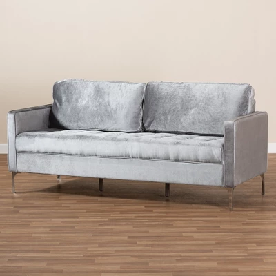 Baxton Studio Clara Velvet Fabric Upholstered 3 Seater Sofa Gray - BaxtonStudio 6 Baxton Studio Clara Velvet Fabric Upholstered 3 Seater Sofa Gray - BaxtonStudio - Image 4