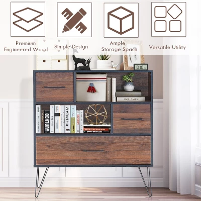 Costway Sideboard Storage Cabinet Multipurpose Display Unit W/Metal Leg & Drawers Walnut 9 Costway Sideboard Storage Cabinet Multipurpose Display Unit W/Metal Leg & Drawers Walnut - Image 7
