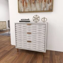 Contemporary Carved Woven Pattern 3 Drawer Wood Cabinet White - Olivia & May -Lush Living Store GUEST 453155d0 16dd 49b4 af53 541a15f5fd36
