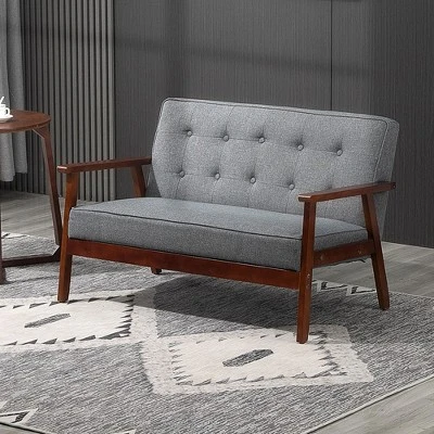 HOMCOM Modern Upholstered 2-Seat Loveseat Sofa With Linen-Touch Fabric And Rubberwood Legs, Gray 3 HOMCOM Modern Upholstered 2-Seat Loveseat Sofa With Linen-Touch Fabric And Rubberwood Legs, Gray