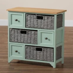 Valtina Two-Tone Wood 3 Drawer Storage Unit With Baskets Oak Brown/Gray/Mint Green - Baxton Studio -Lush Living Store GUEST 46ba713b fbe3 4c8a 8322 e00d300f569e
