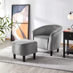 Yaheetech Fabric Upholstered Accent/Barrel Chair And Ottoman Set For Living Room