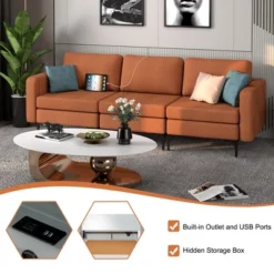 Costway Modular 3-Seat Sofa Couch W/ Socket USB Ports & Side Storage Pocket OrangeDark Grey -Lush Living Store GUEST 4b49f521 8c16 4aac a17f 304f1a857195