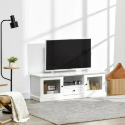 HOMCOM Modern TV Stand Cabinet For TVs Up To 60 Inches, Entertainment Center With Drawer And Glass Doors For Living Room, White -Lush Living Store GUEST 4c63e9ee 42df 4780 b390 df143299c5a3