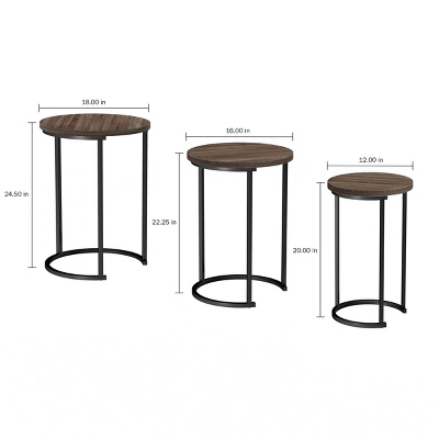 Hastings Home Round End Tables With Woodgrain-Look And Black Metal Base, Gray/Brown, Set Of 3 3 Hastings Home Round End Tables With Woodgrain-Look And Black Metal Base, Gray/Brown, Set Of 3