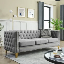 Living Room Modern Velvet Sofa With Button Tufted Square Arms And Metal Legs - ModernLuxe 30 Living Room Modern Velvet Sofa With Button Tufted Square Arms And Metal Legs - ModernLuxe -Lush Living Store GUEST 5208e92b e0fd 4fa7 961e bb463519b727