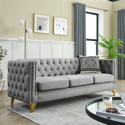 Living Room Modern Velvet Sofa With Button Tufted Square Arms And Metal Legs - ModernLuxe 16 Living Room Modern Velvet Sofa With Button Tufted Square Arms And Metal Legs - ModernLuxe - Image 14