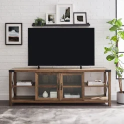 Sophie Rustic Farmhouse X Frame Glass Doors TV Stand For TVs Up To 80" Rustic Oak - Saracina Home -Lush Living Store GUEST 545c029e b94b 4a9e 81b6 ba58fc048e1b