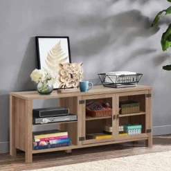 TV Stand Entertainment Center For TV's Up To 65''w/ 2 Metal Mesh Doors Natural -Lush Living Store GUEST 54745fee 378e 4c1b 969e bcb72101d7ea