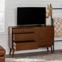 Mid-Century Modern With Closed Storage TV Stand For TVs Up To 58" Walnut - Saracina Home -Lush Living Store GUEST 54c83906 77ba 4118 b803 113db40fdb4a