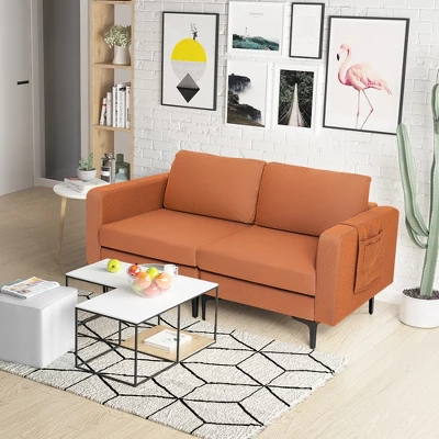 Costway Modern Loveseat Linen Fabric 2-Seat Sofa Couch W/ Side Storage Pocket GreenOrange 4 Costway Modern Loveseat Linen Fabric 2-Seat Sofa Couch W/ Side Storage Pocket GreenOrange - Image 2