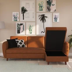 Perry Sectional Futon With Storage Convertible Sleeper Camel Faux Leather - Novogratz -Lush Living Store GUEST 55750418 9cf4 4245 b699 6d37ca8765e5