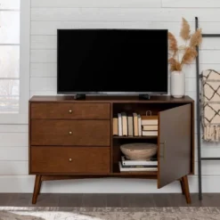 Mid-Century Modern With Closed Storage TV Stand For TVs Up To 58" Walnut - Saracina Home -Lush Living Store GUEST 559b40fb 3110 44b0 a6be ec4b539a5d7f