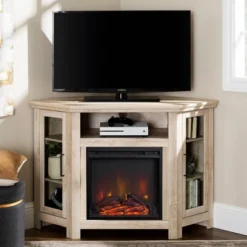 Glass Door Electric Fireplace Corner TV Stand For TVs Up To 50" - Saracina Home