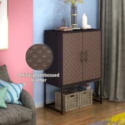 Arina 2 Door Leatherette With Bands Weaving Vision High Accent Cabinet With Adjustable Shelf - The Pop Maison -Lush Living Store GUEST 573e6ebc ce3e 4254 8a63 bc9d1f775ec6