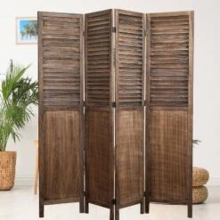 Rancho Shutter 4 Panel Room Divider With Folding Screen Room Partition Paulownia Wood Brown - Proman Products -Lush Living Store GUEST 57886a9e 1c9c 4d10 bc17 9635b73c2322