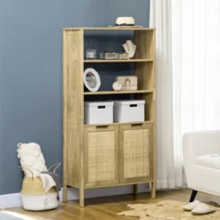 HOMCOM Bookshelf, Storage Cabinet With 3 Open Shelves And Natural Rattan Decor, Bookcase For Living Room, Study, Bedroom -Lush Living Store GUEST 58273930 ce60 405f 8e43 f91c744dfd46