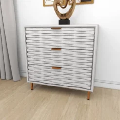 Contemporary Carved Woven Pattern 3 Drawer Wood Cabinet White - Olivia & May -Lush Living Store GUEST 58ddecf4 2a75 4a3c afc2 c8a554346c80