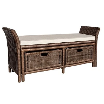 Happimess Tropic 52" 2 Drawer Wicker Storage Bench Wih Linen Cushion, Brown 4 Happimess Tropic 52" 2 Drawer Wicker Storage Bench Wih Linen Cushion, Brown - Image 2
