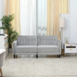 HOMCOM Convertible Sleeper Sofa, Futon Sofa Bed With Split Back Design Recline, Thick Padded Velvet-Touch Cushion Seating And Wood Legs, Light Grey -Lush Living Store GUEST 599c85ac f82e 46a6 8c98 a7fe91801285