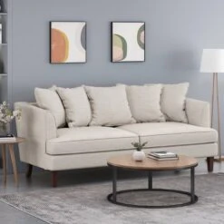 Fairburn Contemporary Pillow Back 3 Seater Sofa Beige/Espresso - Christopher Knight Home